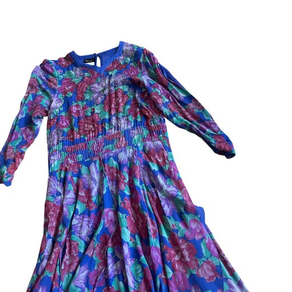 Diane Freis Vintage Floral Dress Beaded Long Sleeve 100% Silk Dancing Size Large - Picture 7 of 12